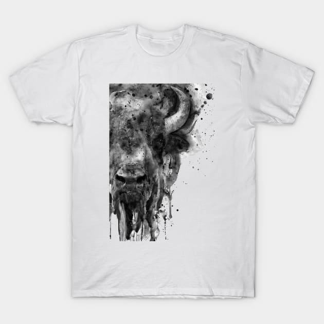 Black and White Watercolor-Half Faced Buffalo T-Shirt by Marian Voicu